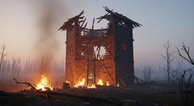 Burned Out Wooden Siege Tower Amidst Flames