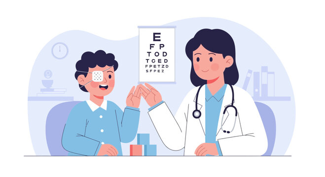 Optometrist examines child's vision with eye chart and patch