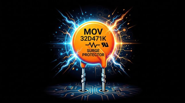 Surge protector electrical component varistor 32d471k graphic with neon circuit background.