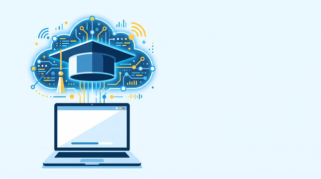 Cloud Based Learning and Remote Employee Training: Flat Vector Cap Floating Above Open Laptop for Digital Education and Virtual Upskilling