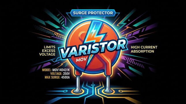Varistor mov electronic surge protector component for high voltage and current absorption.