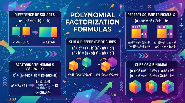 Educational poster showing essential polynomial factorization formulas for algebra study.