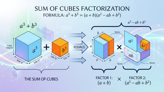 Sum of cubes factorization formula displayed using three dimensional cubes for visual aid.