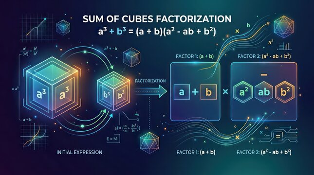 Sum of cubes algebraic formula shown with colorful geometric cubes and glowing light effects.