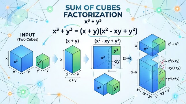 Algebraic sum of cubes formula decomposition visualized through three dimensional volumes.