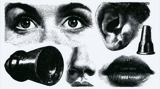 Retro photocopy-style facial features including eyes, ears, nose, and lips in a bold vintage vector design