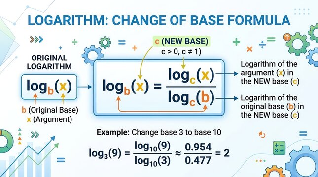 Logarithm change of base formula explained with mathematical example for student learning.