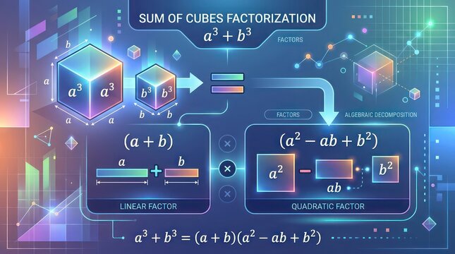 Mathematical sum of cubes factorization diagram with bright neon glowing graphic elements.