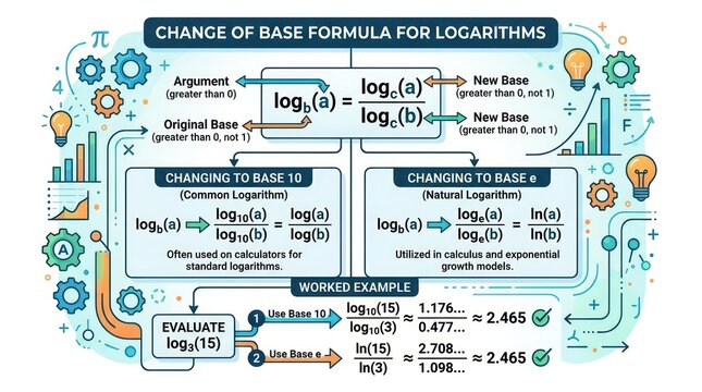 Logarithm change of base formula diagram with natural and common logarithm conversions set.