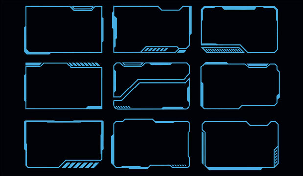 Set of nine futuristic digital HUD interface frames with glowing blue tech border elements.