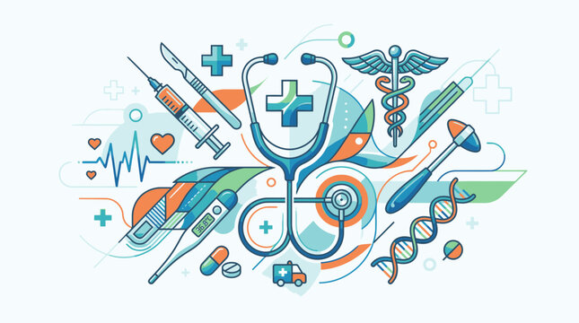Medical illustration of healthcare symbols and icons surrounding a stethoscope
