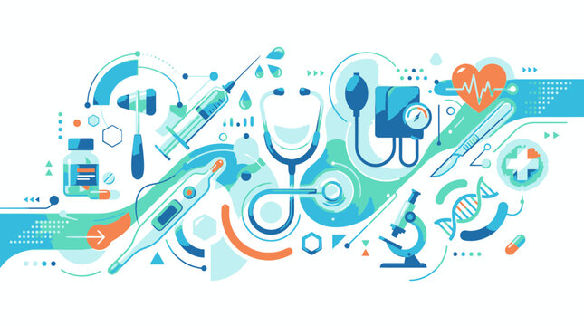 Medical symbols and icons illustrate healthcare concepts in a graphic design