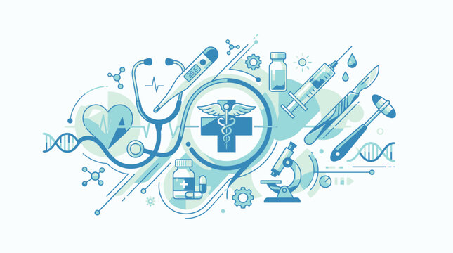 Medical icons arranged around a central cross symbol in a scientific environment