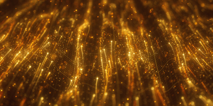 Golden digital particles flowing into abstract cyber hole. 3D quantum data stream on black background.