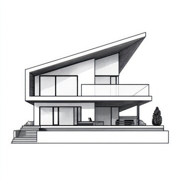 Serene modern two-story house with dramatic slanted roof, large glass windows, second-floor balcony, ground-level terrace and clean minimalist lines