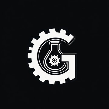 white gear-shaped letter g with laboratory flask and small internal gear on black background conveying technical innovation and precision