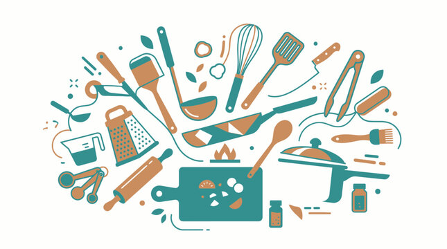 Kitchen utensils and tools for cooking and baking are displayed