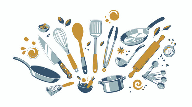 A collection of kitchen utensils and cookware arranged on a surface.
