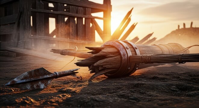 Broken Wooden Ballista Bolt on Dusty Battlefield During Sunset