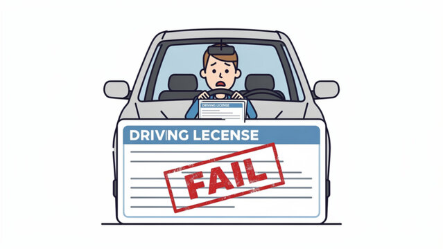Sad man failing driving test in a car with a license and a red fail stamp in a simple cartoon style