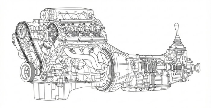 High Performance V8 Engine with Manual Transmission Blueprint Technical Vector Illustration