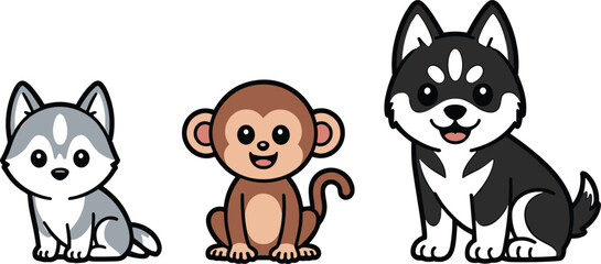 Cute cartoon animal characters set featuring a little grey siberian husky puppy sitting monkey and happy black husky dog vector illustration isolated on white background © Josna