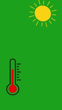 Vertical 2D flat animation of a rising red thermometer indicating high heat and overheating under a bright yellow sun, set against a solid green background layout.