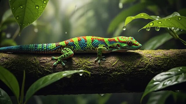 A vibrant patterned lizard rests on a mossy branch in a lush tropical forest