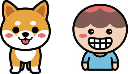 Cute flat cartoon illustration featuring a happy standing shiba inu puppy dog and a smiling boy with big teeth on white background