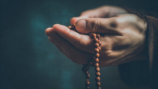 Prayer Beads in Hands: Close-up of a pair of hands holding wooden prayer beads, conveying a sense of devotion, spirituality, and introspection.