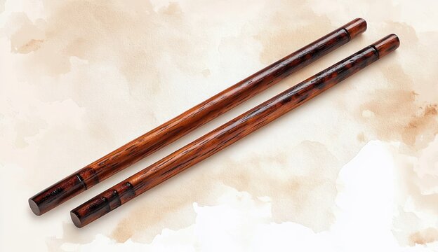 Pair of polished wooden claves with warm wood grain on a light watercolor textured background, simple and inviting mood