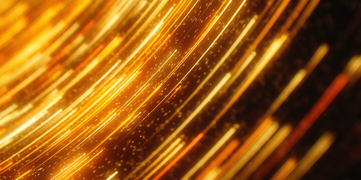 Golden light particles rising in abstract data fountain. 3D futuristic quantum technology flow.