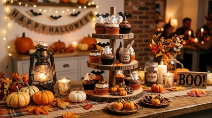 Fototapeta premium Festive Halloween Dessert Table Featuring Spooky Ghost and Witch Cupcakes on a Rustic Tiered Stand with Pumpkins Lantern and Warm Autumn Decorations