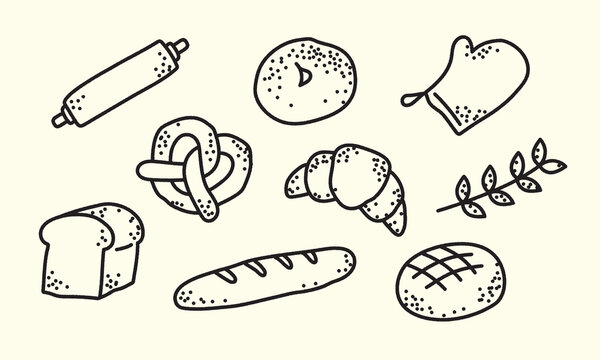 Bakery and freshly baked bread line art element set, hand drawn vector illustration of croissant, baguette, pretzel, loaf, rolling pin, and oven mitt isolated on cream background