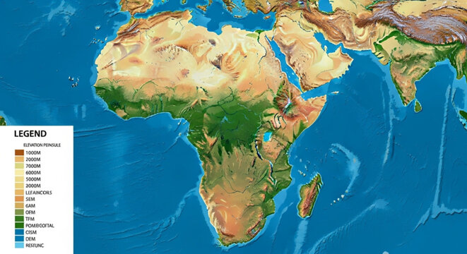 Detailed color-coded map of Africa illustrating terrain and landforms with vivid shades and geographic features for educational and spatial analysis