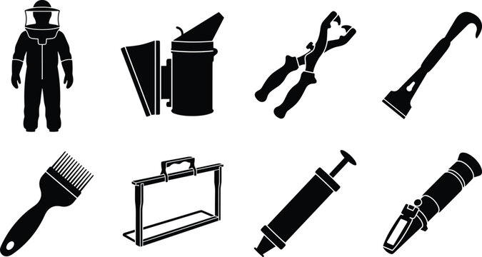 Beekeeping Equipment Silhouette Set with Protective Suit Smoker Hive Tools and Honey Extraction Accessories