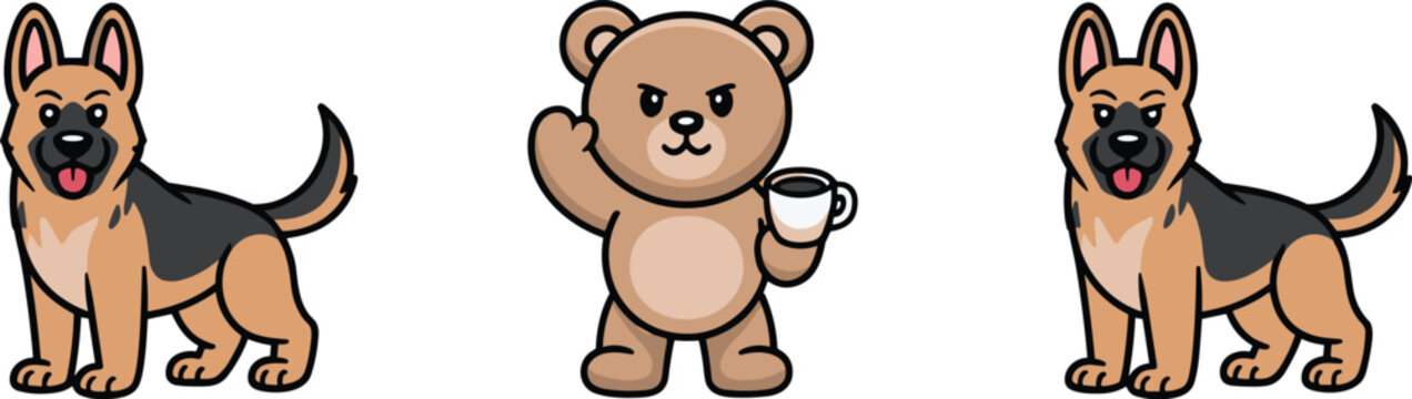 Cute cartoon animal characters set including two standing german shepherd dogs and an angry teddy bear holding a coffee cup vector illustration