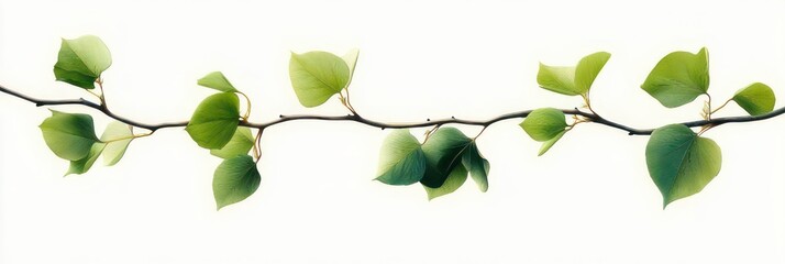 Obraz premium delicate horizontal vine twig with evenly spaced heart-shaped green leaves on a bright white background, calm and fresh minimalist serenity