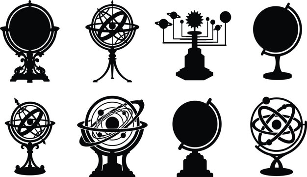 Black Globe and Armillary Sphere Silhouette Collection with Astronomy and Geography Vector Icons