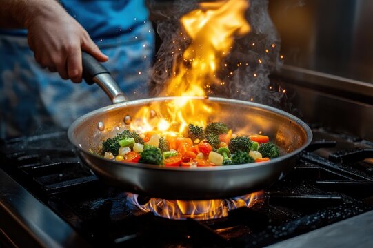 Hand tossing broccoli, cherry tomatoes, bell peppers and zucchini in a sizzling stainless steel pan over a blue gas flame with dramatic flames and sparks, energetic cooking moment