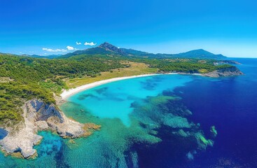 Fototapeta premium Aerial view of a curved sandy beach and turquoise bay with rocky cliffs, pine forest and distant mountains under a clear blue sky, evoking serene coastal calm