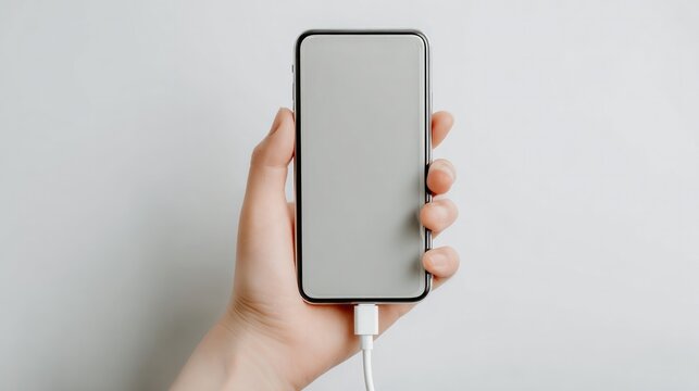 Charging a Mobile Phone: A close-up shot of a hand holding a modern smartphone while it is being charged, highlighting the connection to a power source.
