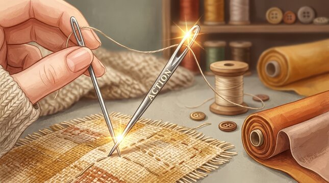 Close-up of a hand sewing with needle and thread on textured fabric, showcasing the word ACTION.