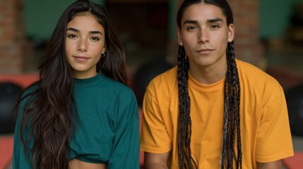 Obraz premium Portrait of two young adults in colorful casual shirts for lifestyle banner and social media background