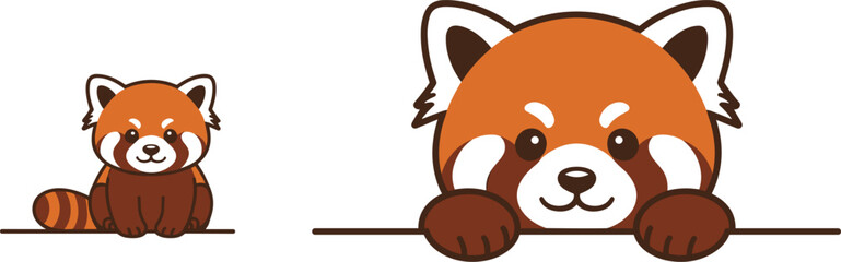 Cute cartoon red panda characters set including a full body sitting animal and a head peeking over border vector illustration on white background © Josna