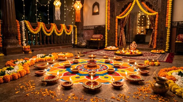 Beautifully decorated home courtyard for Diwali festival celebration featuring a colorful rangoli pattern on the floor surrounded by burning clay diyas