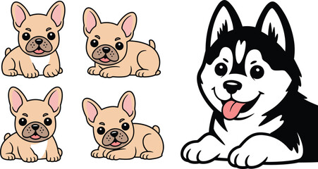Cute cartoon dog breeds collection including four little french bulldog puppies and one large happy lying siberian husky vector illustration isolated on white background © Josna