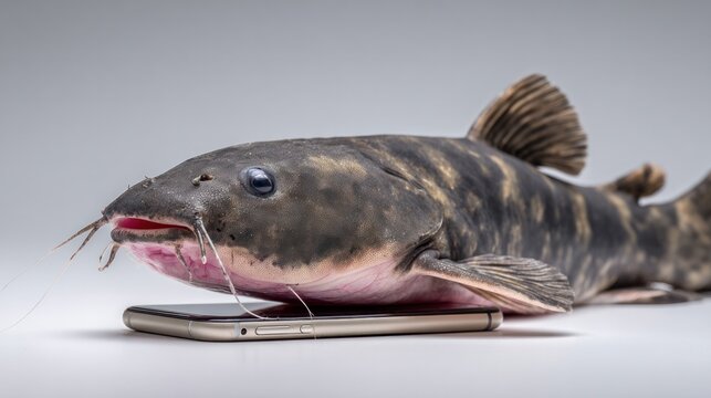 Surprise Catch: A curious catfish with prominent whiskers lies on top of a smartphone, suggesting an unexpected encounter or a humorous juxtaposition of nature and technology.