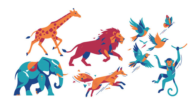 Vibrant animals gather in a lively wildlife scene with giraffe, lion, elephant, monkey, and birds.