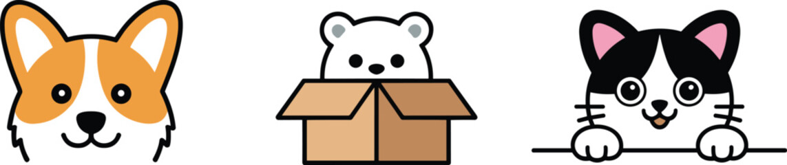 Cute cartoon animal characters set including welsh corgi dog face polar bear cub in cardboard box and happy tuxedo cat peeking over border vector illustration on white background © Josna